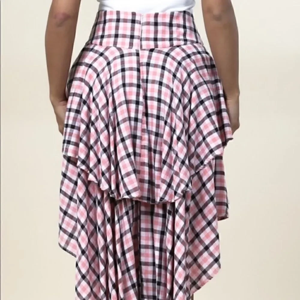 Coral Plaid High Low Skirt